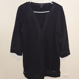 J Crew Factory Black Tunic Top Womens M 3/4 Sleeve Lace Trim V Neck Cotton